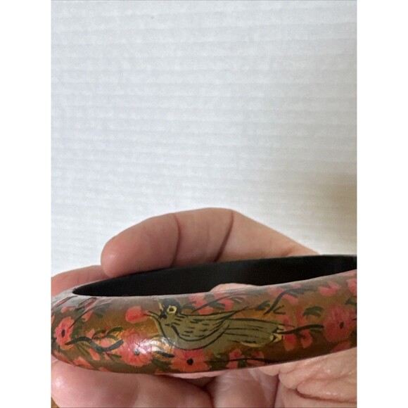 Vintage Set 2 Tree Of Life And 2 Birds Flowers Painted Wood Bangle Bracelets - Picture 15 of 16